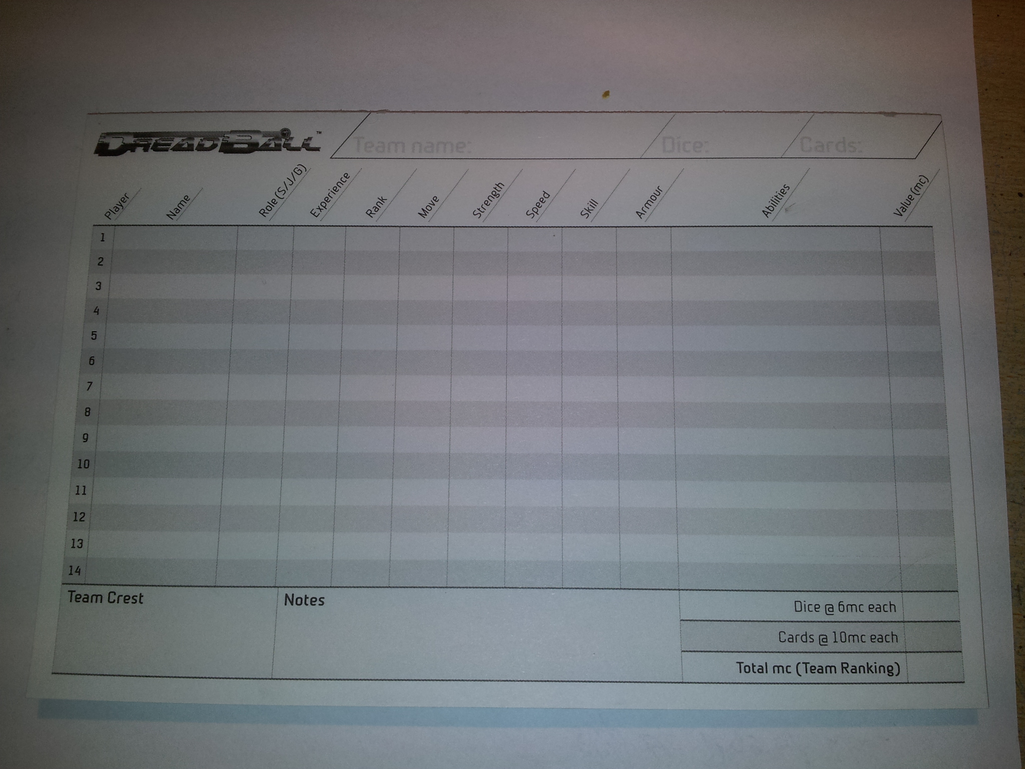 Dreadball Roster Pad (50 Sheets)  (120)